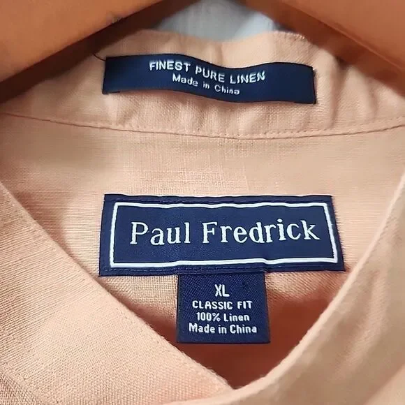 Paul Frederick Mens 100% Linen Shirt Mens Size XL Orange Collarless Long Sleeve - Picture 4 of 7